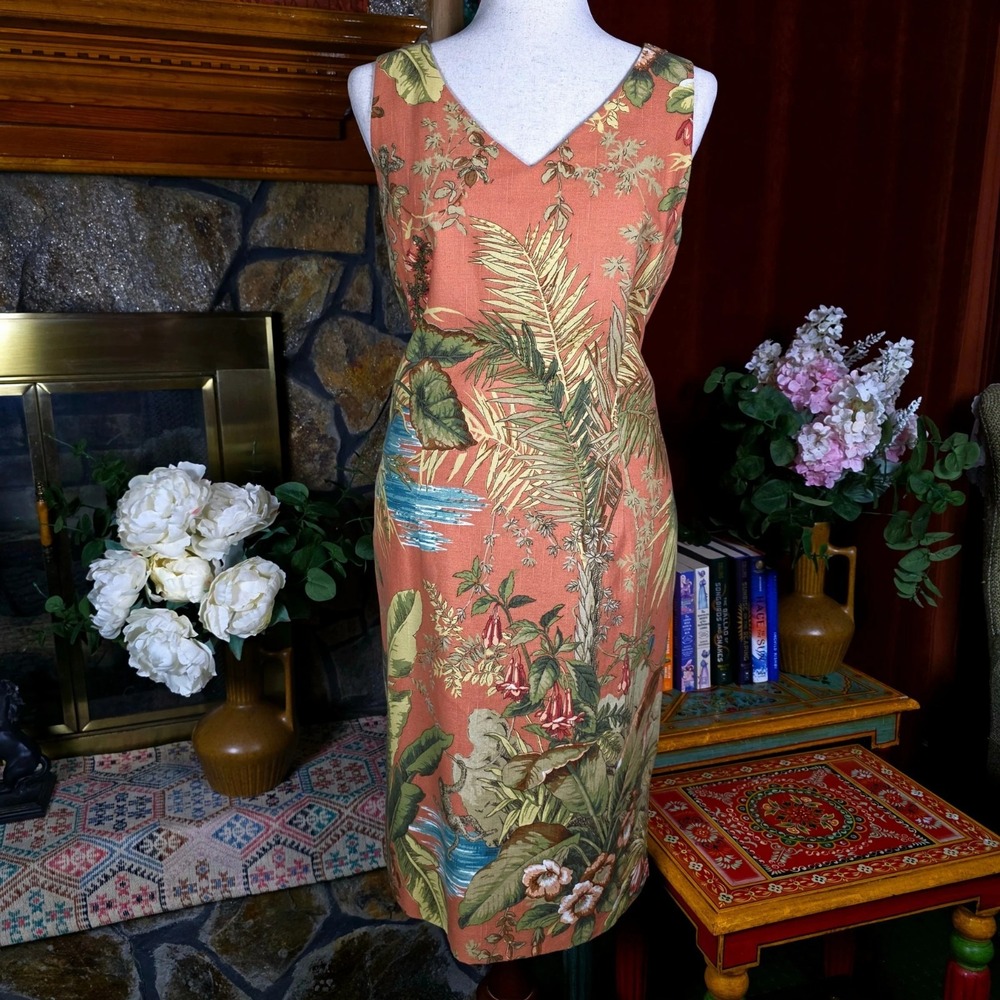Vintage Talbots Dress Coral Floral Tropical Shift Sleeveless Beaded Coastal 12